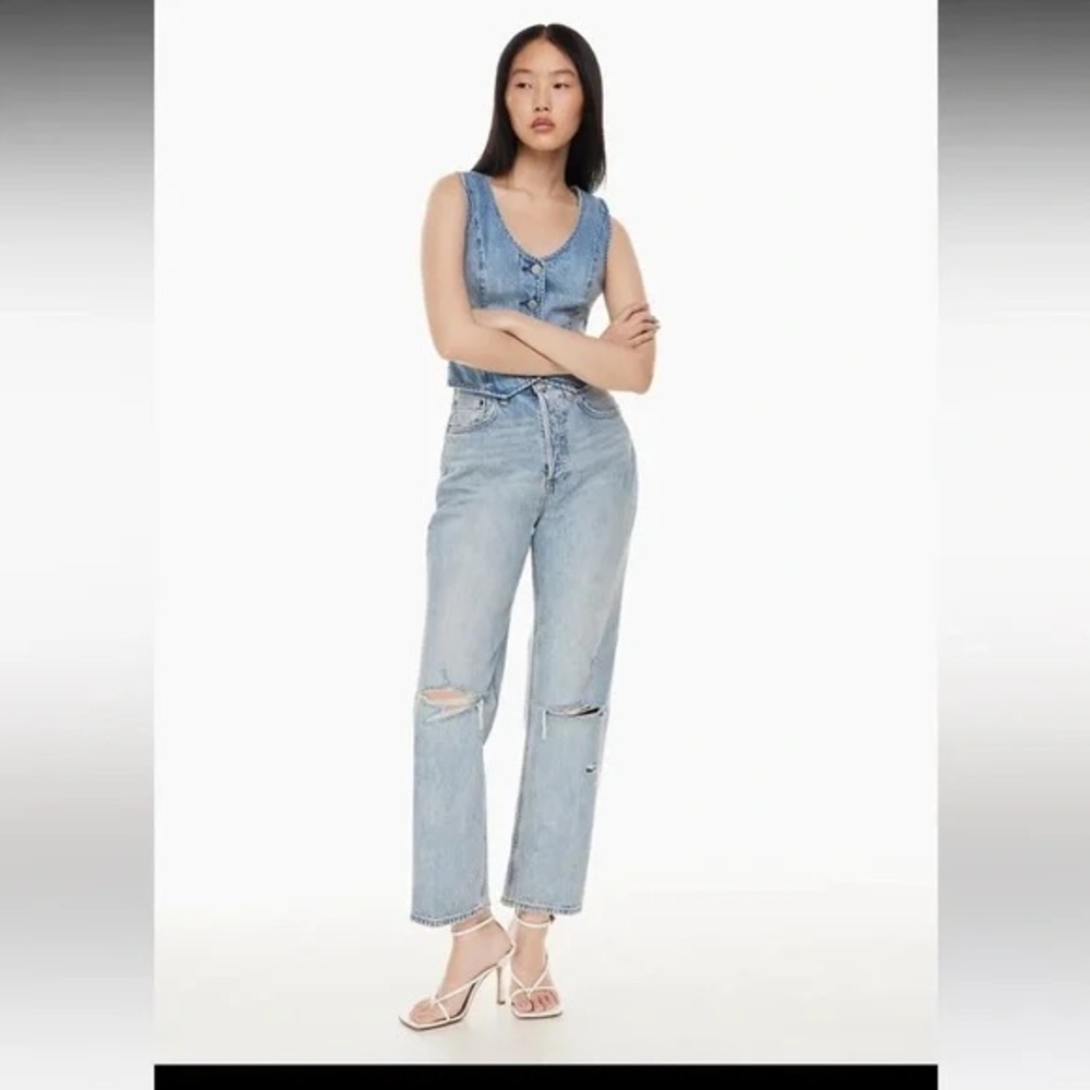 Denim Forum Blue Straight Jeans with Distressed Details